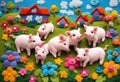 many piglets in the lettuce garden, with multi-colored flowers, houses, nature, bright sky